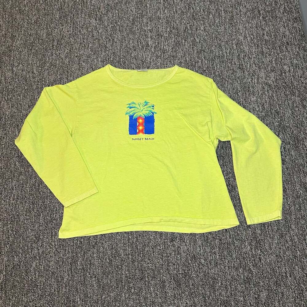 iCanToo Vintage Sunset Beach Long Sleeve Tee Lime Green Cotton 80s 90s